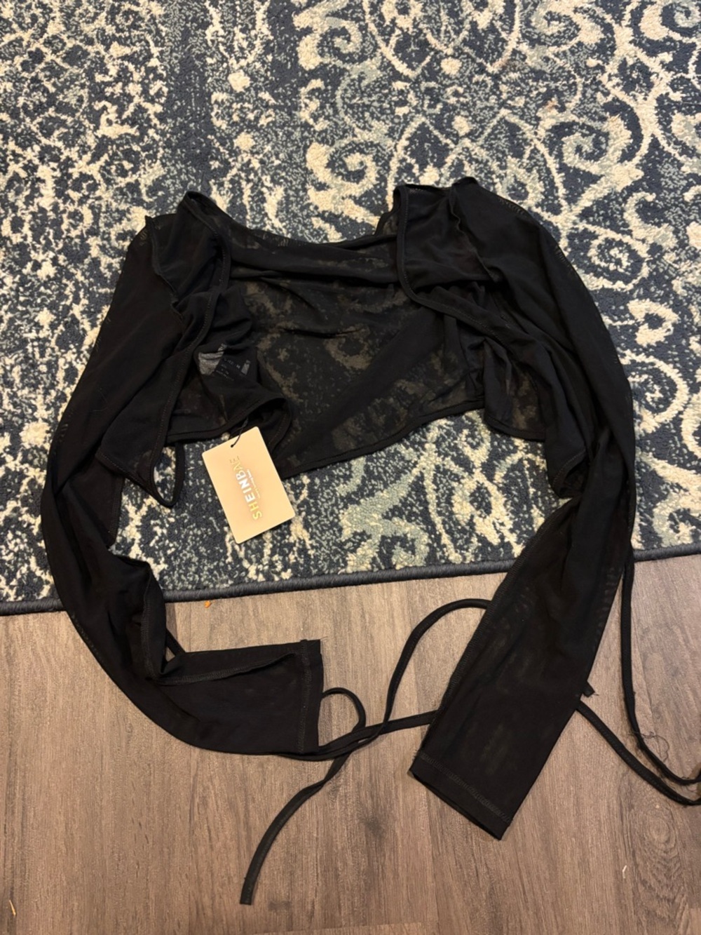 SHEIN Black Sheer Wrap Shrug with Tie Closure